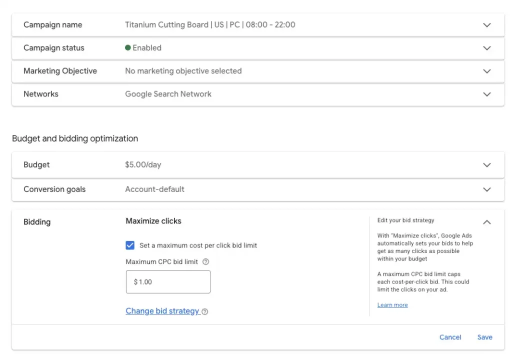 In Iteration 2, the campaign was configured with a 'Maximize Clicks' bidding strategy to gather initial traffic data. To maintain controlled spending during this testing phase, the daily budget was set at $5.00, with a Maximum CPC bid limit capped at $1.00. This setup ensures a steady flow of clicks while preventing excessive costs per session.