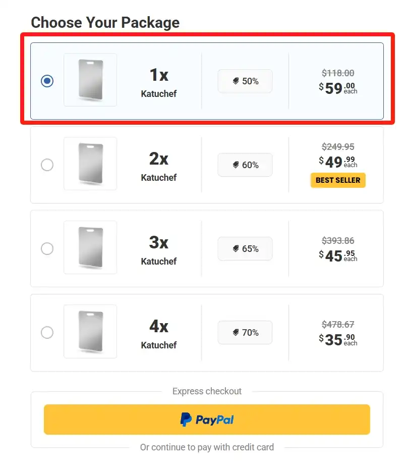 This screenshot illustrates the "Choose Your Package" checkout page on the Katuchef official website. The page lists four purchasing options, including a single unit (at a 50% discount, priced at $59.00) as well as tiered discount bundles for 2, 3, and 4 units. The image shows that as the quantity increases, the price per unit decreases from $59.00 to a minimum of $35.90. An express checkout option for PayPal is integrated at the bottom of the page.