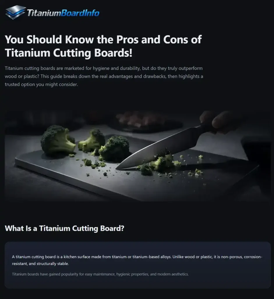A screenshot of a professional landing page titled "You Should Know the Pros and Cons of Titanium Cutting Boards!" featuring a dark-themed design with a high-quality image of a chef's knife on a titanium board.