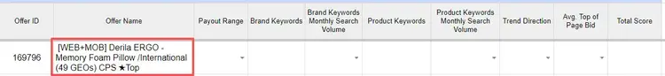 A spreadsheet titled "Affiliate Offer Scoring Tool" showing Offer ID 169796 for [WEB+MOB] Derila ERGO Memory Foam Pillow, with columns for Payout Range, Brand Keywords, Monthly Search Volume, and Trend Direction.