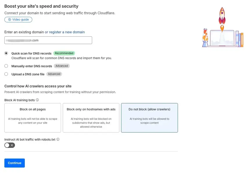 The Cloudflare "Boost your site's speed and security" page. It shows a domain name entered into the text box, the "Quick scan for DNS records" option selected, and a new section for controlling AI crawlers with options to block or allow AI training bots.