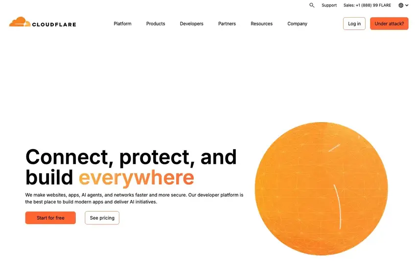 The official Cloudflare homepage featuring the headline "Connect, protect, and build everywhere." The interface highlights the "Log in" button in the top right corner and a "Start for free" button for new user registration.