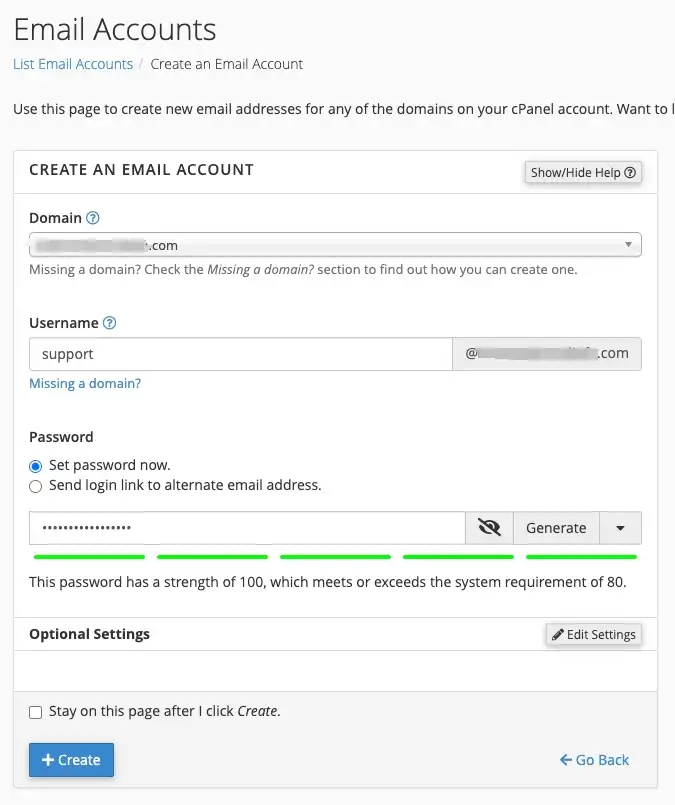 A screenshot of the "Create an Email Account" interface in cPanel. It shows fields for selecting a domain, entering a username (such as "support"), and setting a strong password with a security strength meter showing a perfect score of 100.