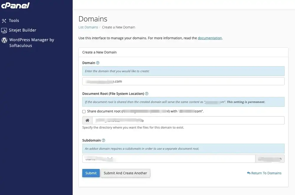 A screenshot of the "Create a New Domain" interface in cPanel. It shows fields for entering the new domain name, an unchecked option for sharing the document root, and a specific directory path for the new domain's files.