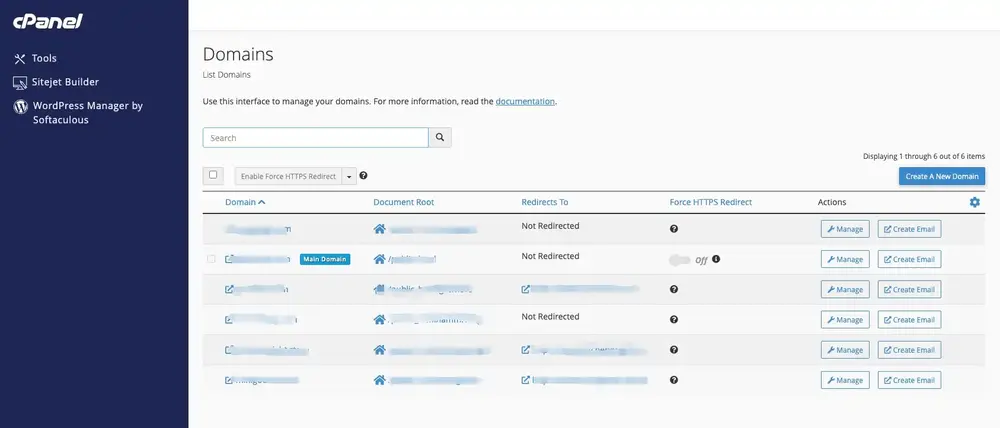 A screenshot of the "Domains" page in cPanel, showing a list of registered domains with their corresponding document roots, redirect status, and administrative actions like "Manage" and "Create Email."