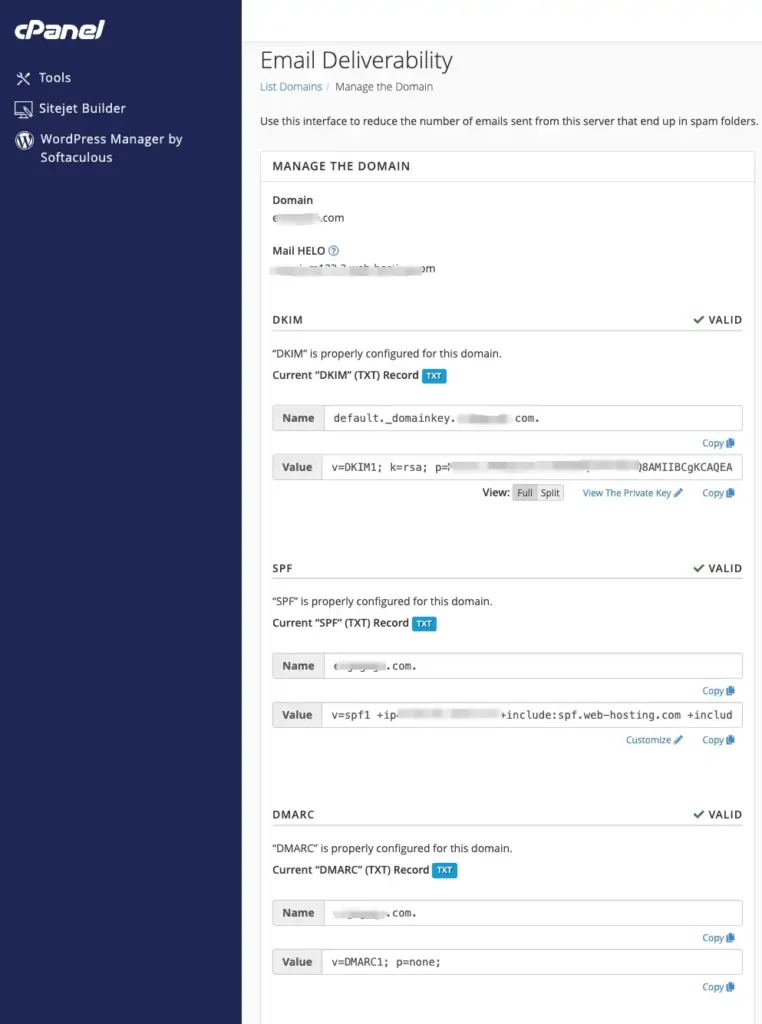 A screenshot of the "Email Deliverability" management page in cPanel. It shows that DKIM, SPF, and DMARC status are all marked as "VALID" with green checkmarks, displaying the specific TXT records required for domain authentication.