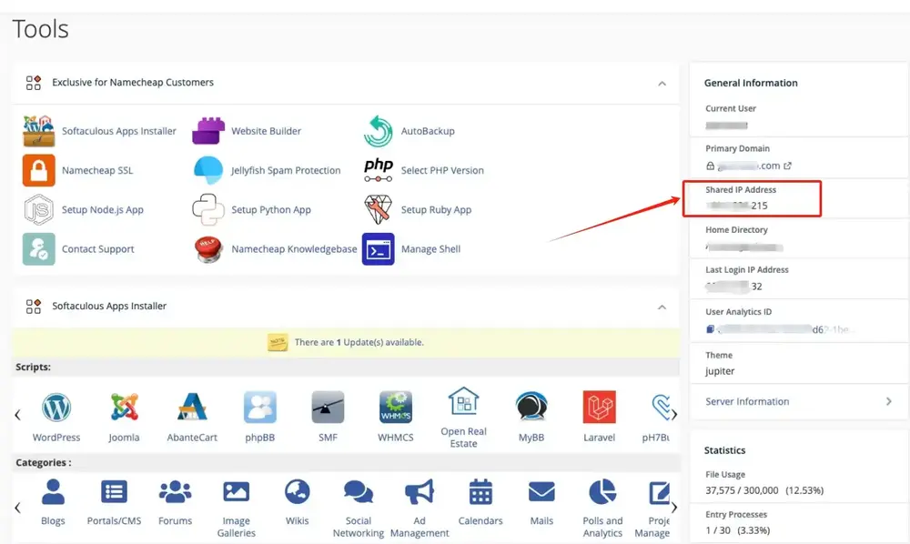 A screenshot of the cPanel "Tools" page. The main area shows various icons like Softaculous Apps Installer and File Manager. The right-hand sidebar, labeled "General Information," highlights the "Shared IP Address" with a red box and arrow for easy identification.