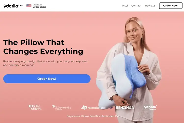 A screenshot of the Derila ERGO official website header, featuring a woman holding the ergonomic blue and white memory foam pillow with an "Order Now!" call-to-action button on a pink background.