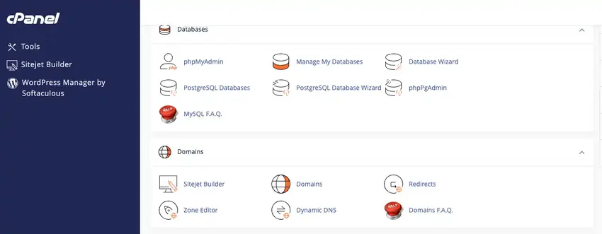 A screenshot of the cPanel interface. The left sidebar features "WordPress Manager by Softaculous," while the main dashboard displays the "Databases" section with tools like phpMyAdmin and the "Domains" section with options for Sitejet Builder and Redirects.