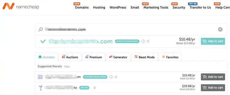 The Namecheap search results page showing the availability of a specific domain name, including its annual price and an "Add to cart" button.