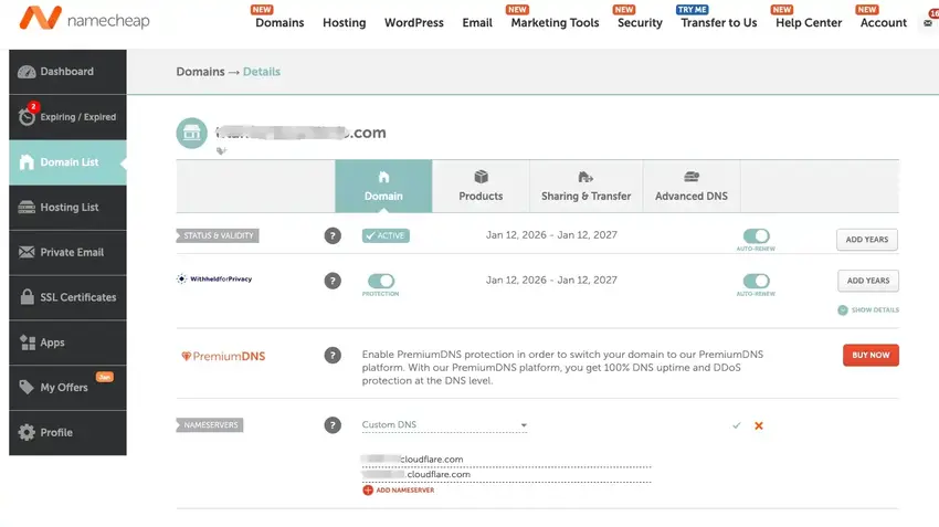 The domain details page for titaniumboardinfo.com on Namecheap. The "NAMESERVERS" section shows "Custom DNS" selected, with xxx.cloudflare.com and xxx.cloudflare.com successfully entered and saved. The domain status is shown as "ACTIVE" with privacy protection enabled.