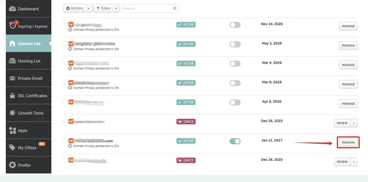 A screenshot of the Namecheap account dashboard. The left-hand sidebar shows "Domain List" selected, and the main area displays a list of registered domains with "Manage" buttons next to each one.
