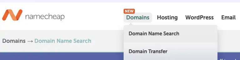A close-up screenshot of the Namecheap website header. The navigation menu is visible with the "Domains" tab selected, revealing a dropdown menu where "Domain Name Search" is highlighted.