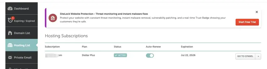 A screenshot of the Namecheap dashboard under the "Hosting List" section. It displays an active "Stellar Plus" hosting subscription for the domain xxx.com, showing its status as active until July 22, 2026, and a button labeled "GO TO CPANEL.