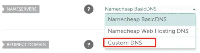 A screenshot of the Namecheap domain configuration page. The "NAMESERVERS" section is shown with a dropdown menu expanded, revealing three options: Namecheap BasicDNS, Namecheap Web Hosting DNS, and Custom DNS.