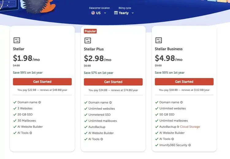 Screenshot of Namecheap pricing table showing three shared hosting tiers: Stellar, Stellar Plus, and Stellar Business. The Stellar Plus plan is featured as the most popular choice, offering unlimited websites, unmetered SSD, and unlimited mailboxes for $2.98 per month.