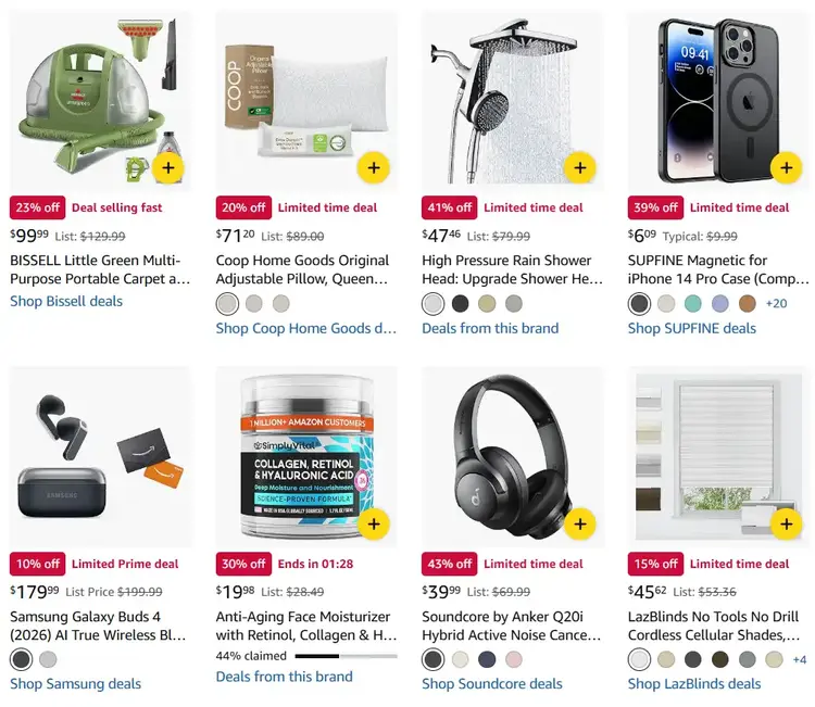 Screenshot of an Amazon webpage showing various consumer products under a "Deal" banner, including a carpet cleaner, pillow, shower head, iPhone case, ear buds, and moisturizer.