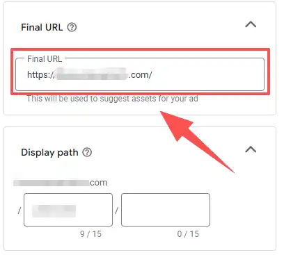 Google Ads interface showing a clean Final URL matching the landing page domain without any tracking redirect chains.