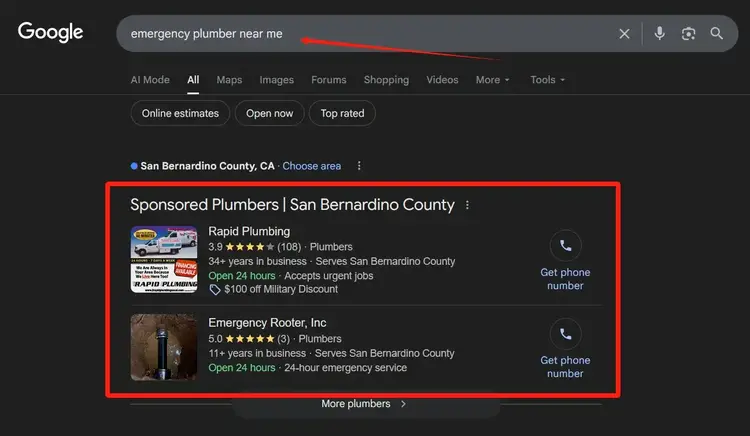 Google search engine result page for the query "emergency plumber near me" showing sponsored local plumbing businesses in San Bernardino County, CA.