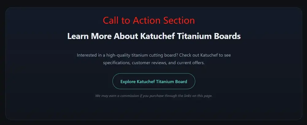 A Call-to-Action block that encourages users to explore product specifications and reviews. The section includes a compliant affiliate disclosure statement at the bottom, ensuring transparency regarding the site's referral links.