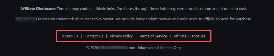 Website footer showing legal links including About Us, Contact Us, Privacy Policy, Terms of Service, and a prominent Affiliate Disclosure statement.