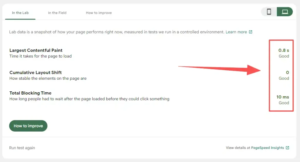 PageSpeed Insights lab data showing 0.8s Largest Contentful Paint, 0 Cumulative Layout Shift, and 10ms Total Blocking Time.