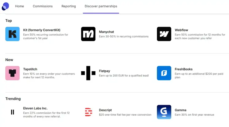 Screenshot of the PartnerStack dashboard's 'Discover Partnerships' page, showing a list of top, new, and trending SaaS products like Kit (ConvertKit), Manychat, and Descript with their respective recurring or flat-fee commission structures.