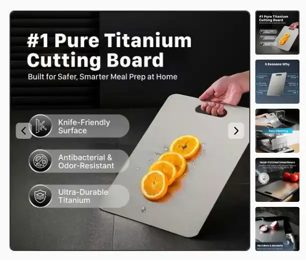 High-quality titanium cutting board product showcase for Google Ads affiliate compliance testing.