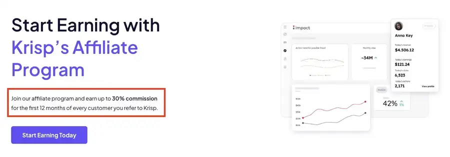 Examining the Krisp affiliate program landing page, which offers a 30% recurring commission for the first 12 months.
