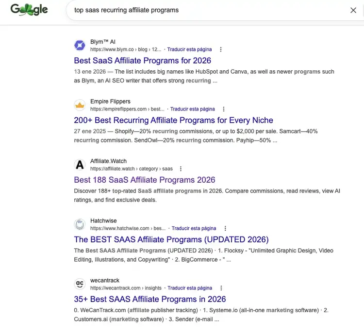 A Google search result page showing multiple listicle articles for "top saas recurring affiliate programs 2026" including Blym AI, Empire Flippers, and Affiliate Watch.