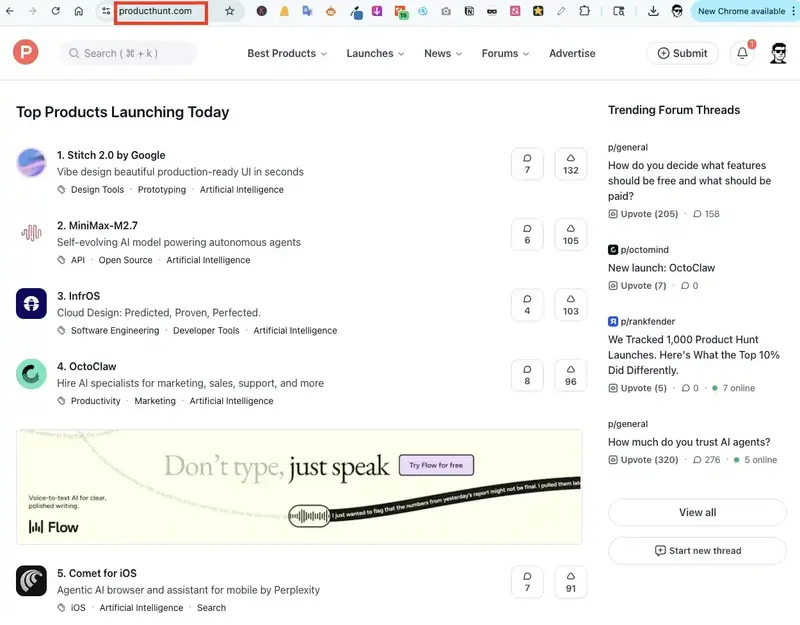Visiting producthunt.com to begin the process of finding high-value recurring SaaS affiliate programs.