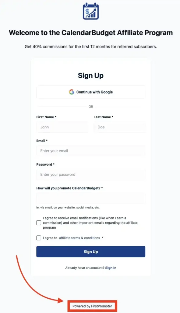 The affiliate signup page for CalendarBudget with a red rectangle highlighting the "Powered by FirstPromoter" text at the base of the page.