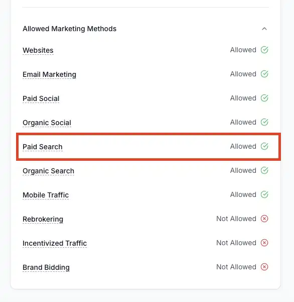 A close-up of an Affonso affiliate program's dashboard menu listing promotional rules, with green checkmarks showing Paid Search is Allowed and a red cross showing Brand Bidding is Not Allowed.