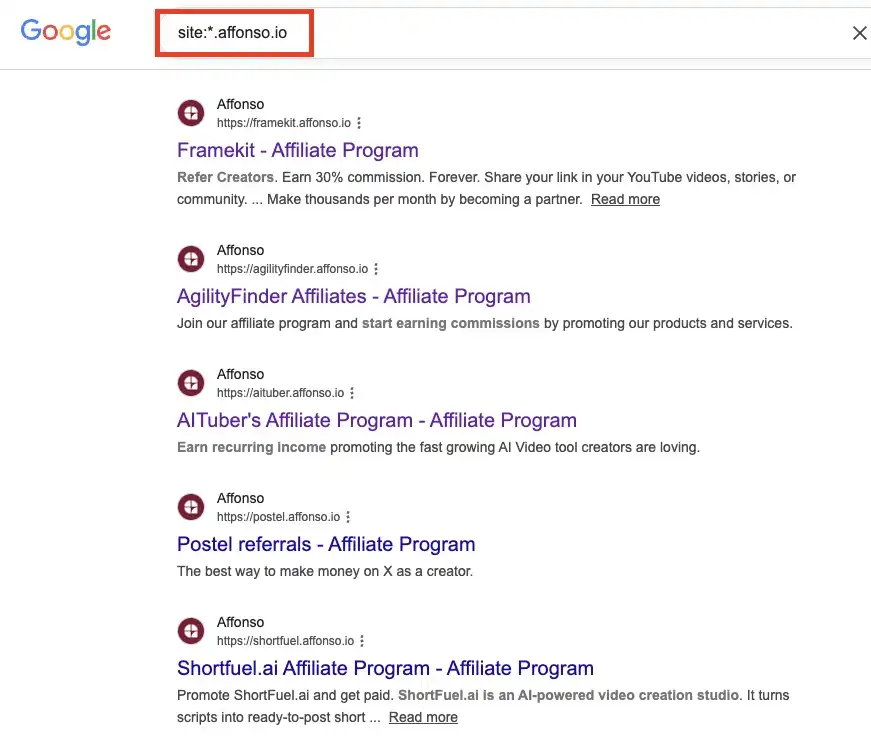 A Google search engine results page showing the exact match query "Powered by Affonso" used to identify websites hosting their affiliate programs on the Affonso platform.