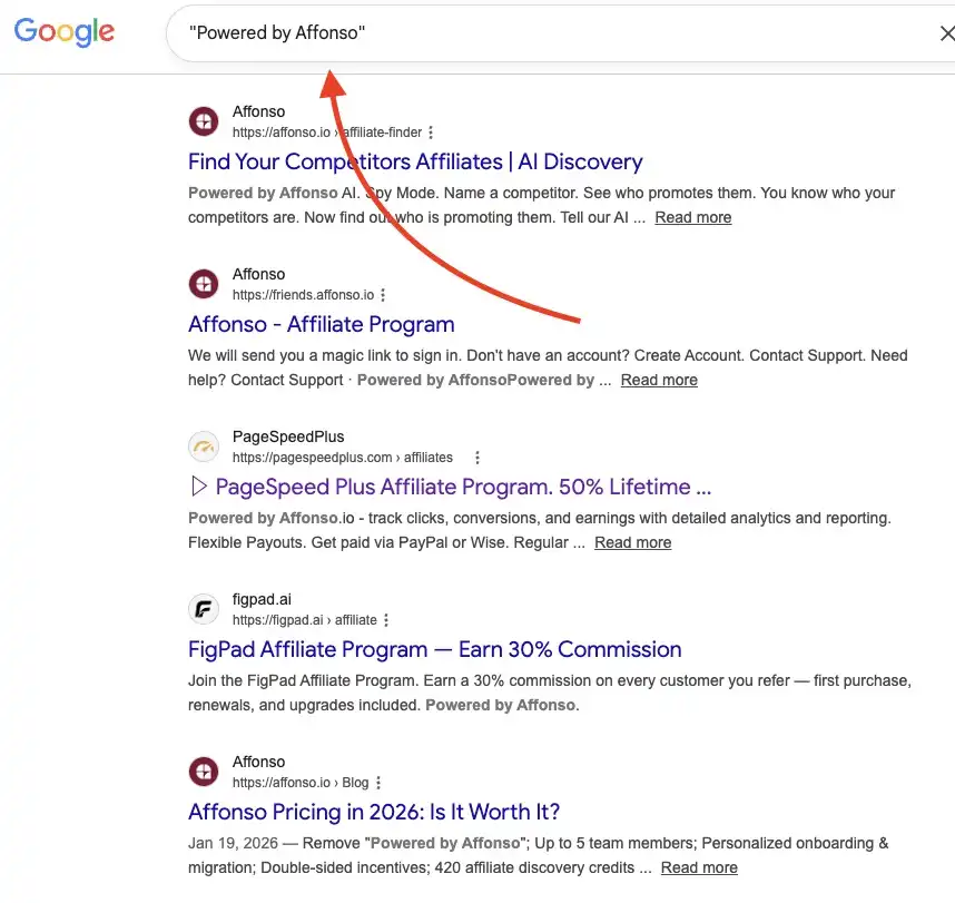 A Google search bar displaying the advanced search operator site:*.affonso.io with a list of indexed affiliate portal subdomains like Framekit, AgilityFinder, and AITuber.