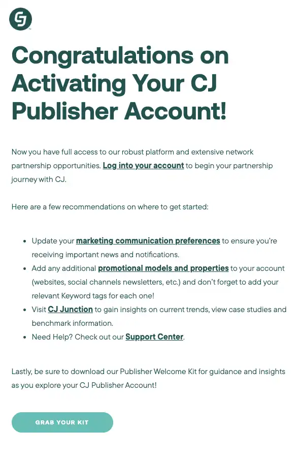 CJ Affiliate email confirming successful activation of a publisher account with instructions on next steps to get started