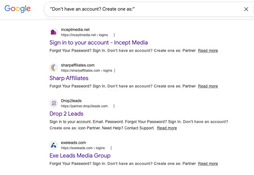 Google search results for the phrase "Don't have an account? Create one as:" showing Everflow-based affiliate login pages from brands like Incept Media, Sharp Affiliates, Drop2Leads, and Exe Leads Media Group.