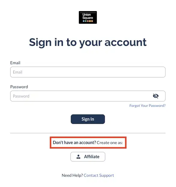 An Everflow-hosted affiliate login page showing the text "Don't have an account? Create one as:" highlighted in a red box, which serves as a searchable footprint to find other Everflow-based affiliate programs.