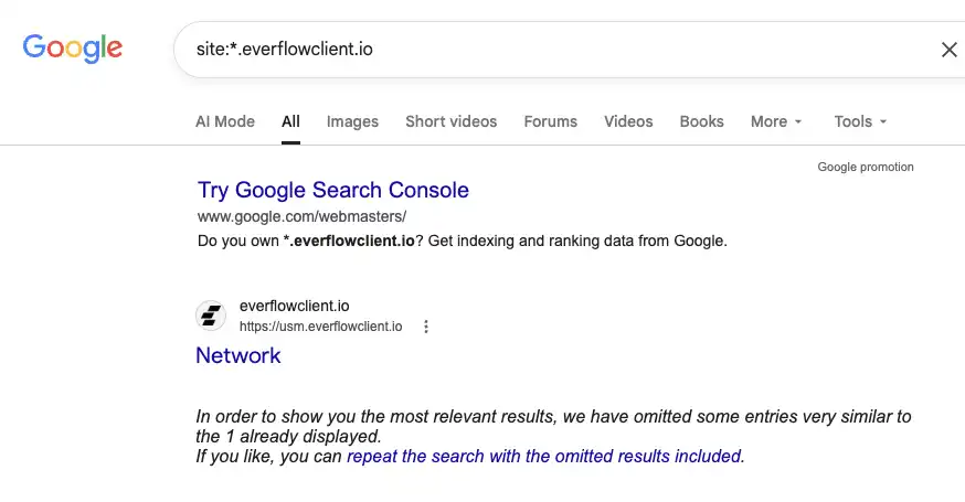 Google search results for site:*.everflowclient.io showing almost no indexed pages, confirming that the standard footprint search method does not work for Everflow-based affiliate programs.