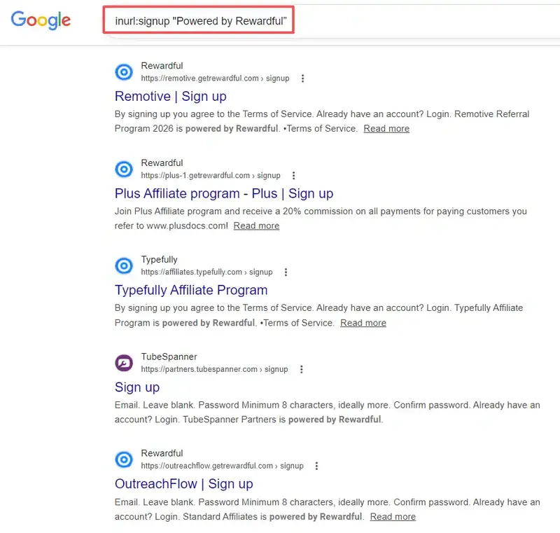 A Google search results page showing the "inurl:signup" query combined with the "Powered by Rewardful" footprint, revealing multiple independent SaaS affiliate signup pages.