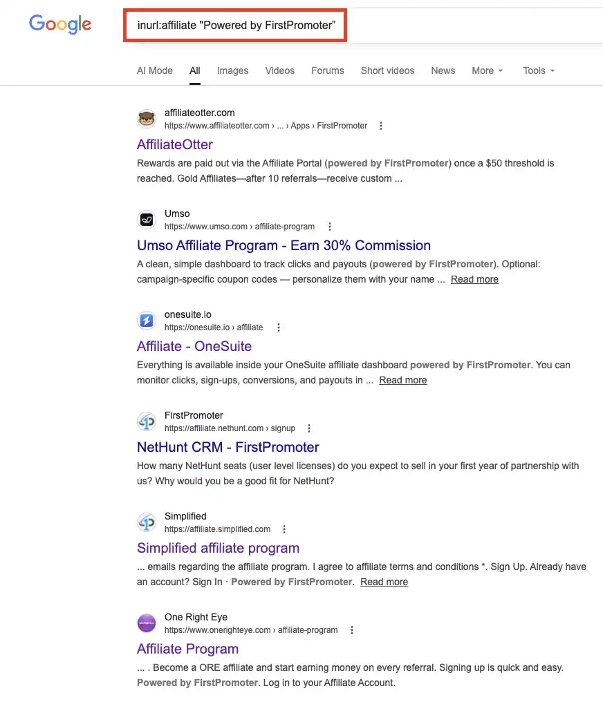 A screenshot of a Google search page showing the query 'inurl:affiliate "Powered by FirstPromoter"' with results highlighting various SaaS affiliate signup portals.