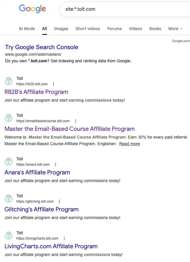 A Google search result interface showing the specific command used to uncover various SaaS affiliate signup pages powered by the Tolt platform.