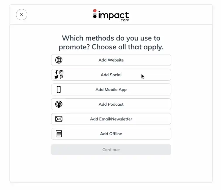 Impact.com signup screen asking which promotion methods you use, with options including website, social media, mobile app, podcast, email newsletter, and offline
