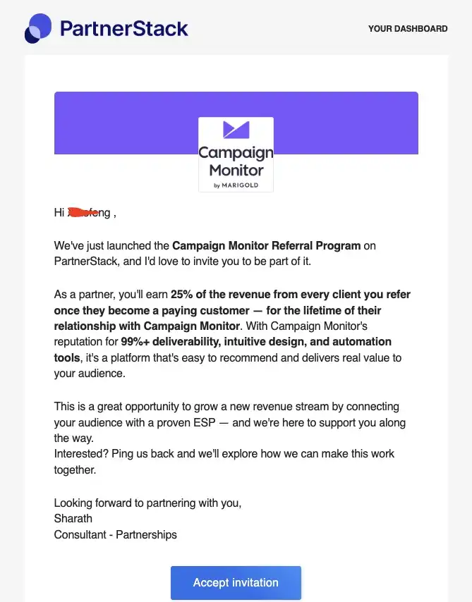 A screenshot of a PartnerStack invitation email for the Campaign Monitor referral program, offering a 25% lifetime revenue share.