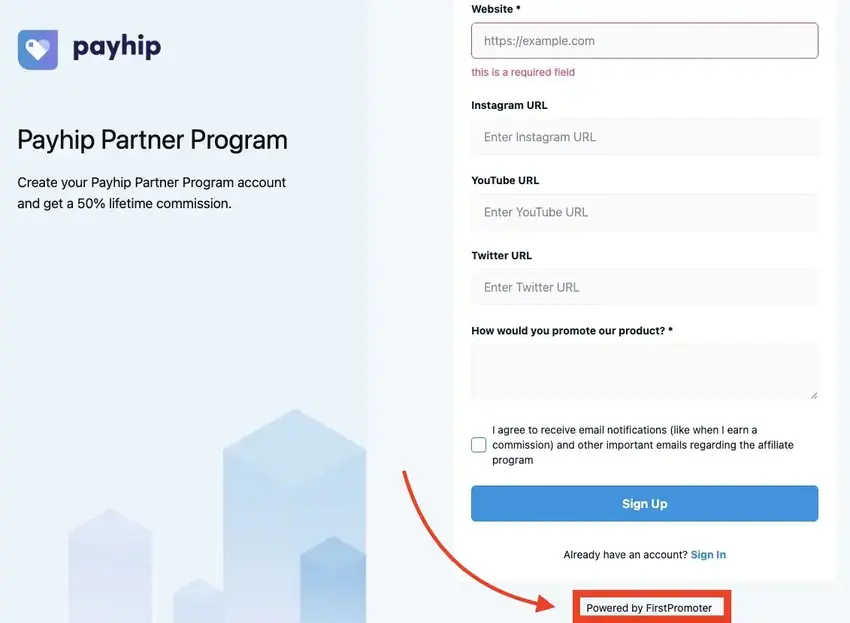 Payhip Partner Program signup page with an arrow pointing to the FirstPromoter branding in the bottom right corner.