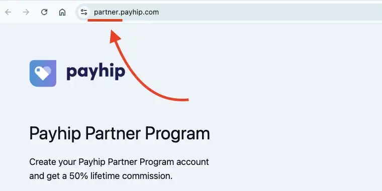 Screenshot of the Payhip partner page with a red arrow and underline highlighting the "partner.payhip.com" URL in the browser address bar.