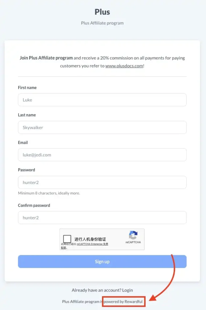 The signup form for the Plus Affiliate program showing a red box highlighting the "powered by Rewardful" text at the base of the page.