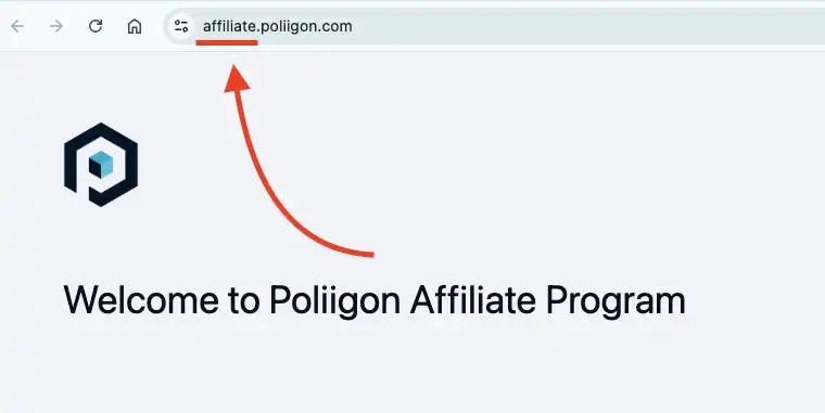 Screenshot of the Poliigon affiliate page with a red arrow pointing to the "affiliate.poliigon.com" URL in the browser address bar.