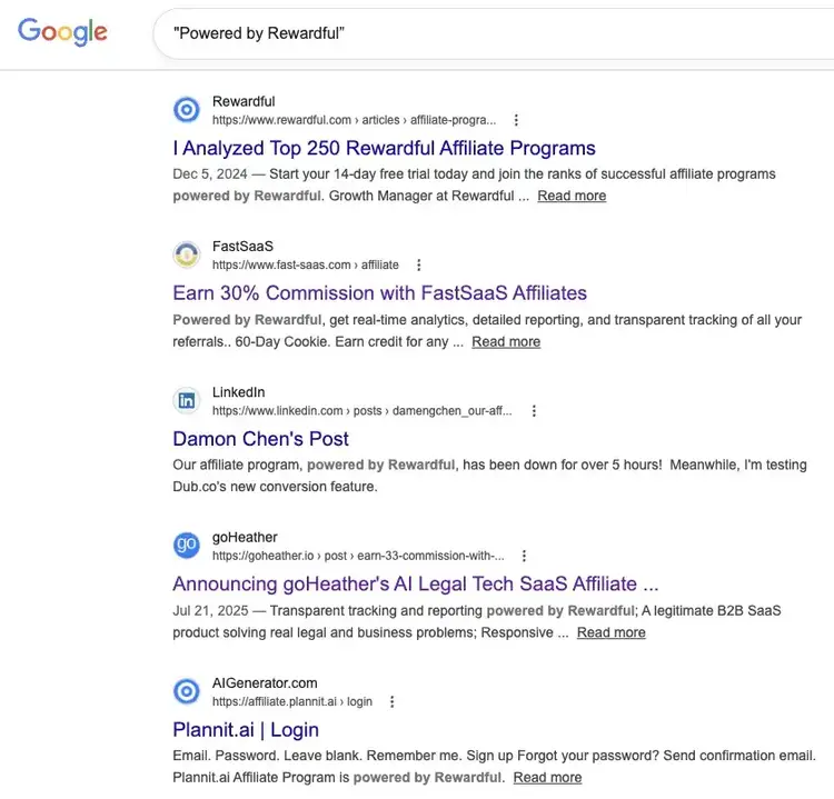 Google search results for the exact phrase "Powered by Rewardful," showing multiple SaaS affiliate program signup pages and related posts.