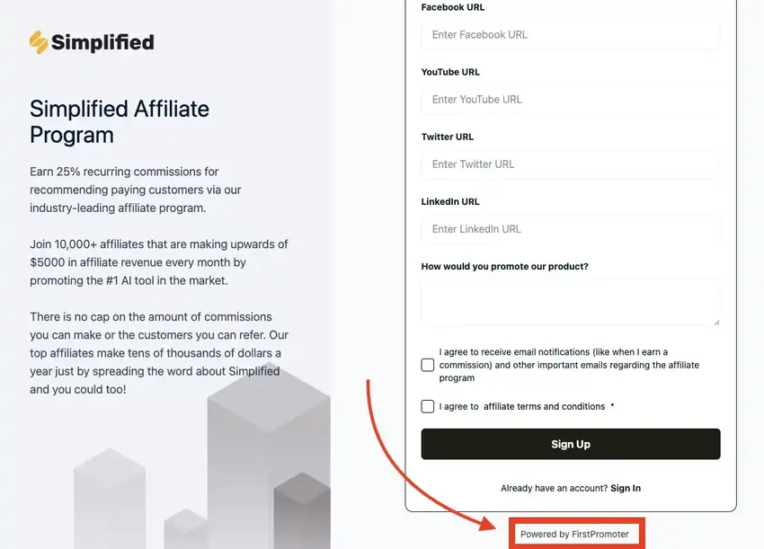 A screenshot of the Simplified Affiliate Program signup page with a red box highlighting the "Powered by FirstPromoter" label at the bottom.